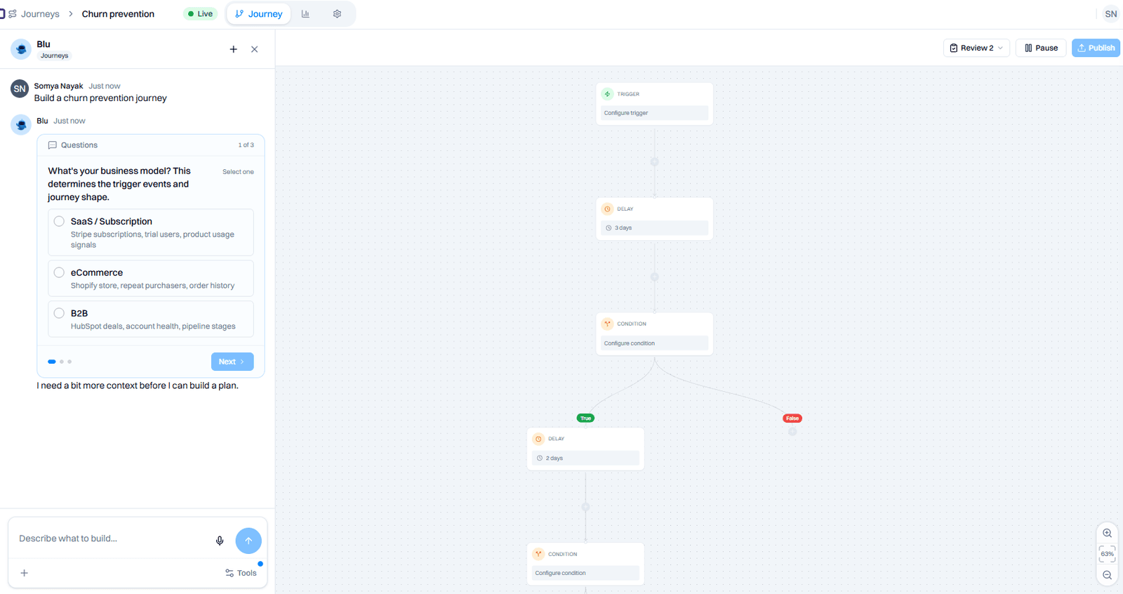 Intempt Journeys interface showing lifecycle email workflows
